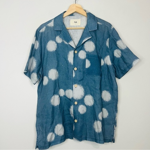 Folk Indigo Dot Soft Collar Linen Short Sleeve Button Up 3 Medium - Picture 4 of 8